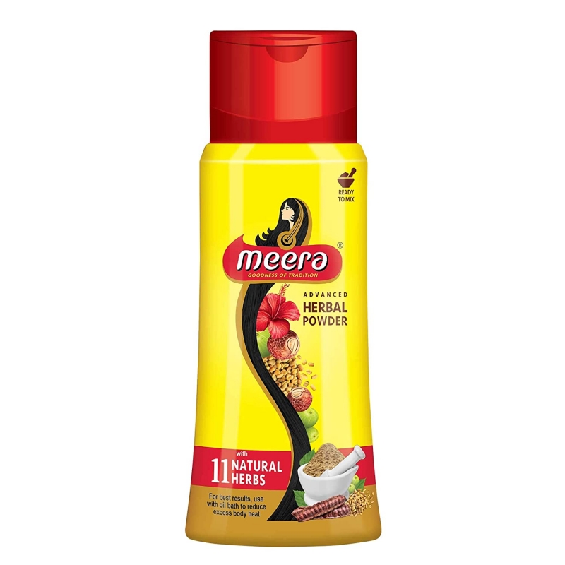 ,Fragrance Free,For Men and Women, 120gm. Meera Herbal Powder is a popular brand of herbal hair care products in India. The brand offers a range of hair care products that are made with natural ingredients and are designed to promote healthy hair growth, reduce hair fall, and improve hair texture.